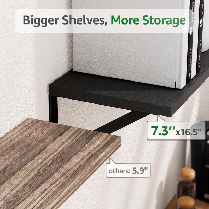 COCOYA Wall Shelves 7.3" Deep Set of 4, Solid Paulownia Wood Wider Longer Sturdy Easy to Install Wall Mounted Bookshelves Storage Shelves Bathroom Home Office Laundry Room Bedroom Organizer Black - Image 3
